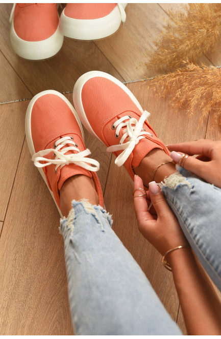 Кеды женские персикового цвета на шнуровке текстиль 204393L