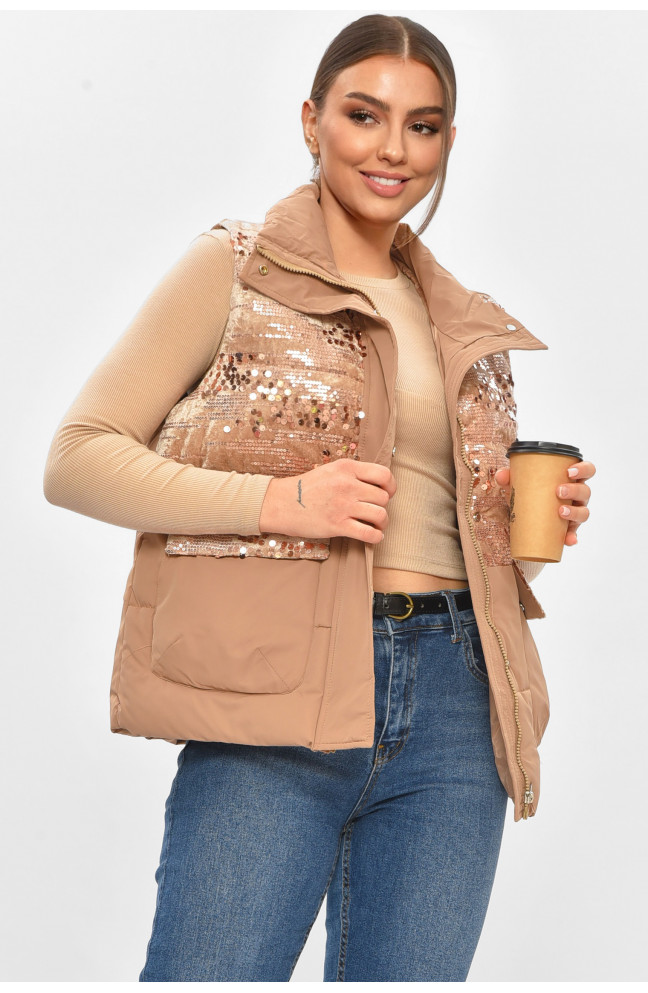 Жилетка женская однотонная тёмно-бежевого цвета с пайетками 206132L