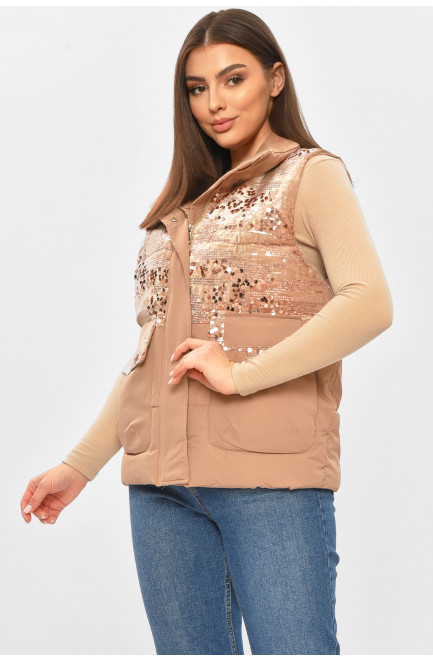 Жилетка женская однотонная тёмно-бежевого цвета с пайетками 206132L