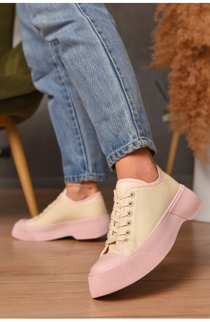 Кеды женские бежевого цвета на шнуровке текстиль 206205L