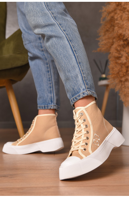 Кеды женские высокие бежевого цвета на шнуровке текстиль 206208L