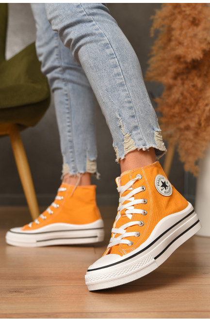 Кеды женские высокие оранжевого цвета на шнуровке текстиль 206209L