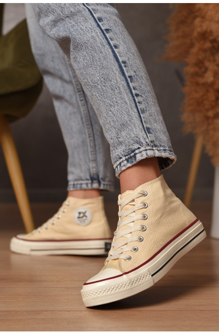 Кеды женские высокие молочного цвета на шнуровке текстиль 206217L