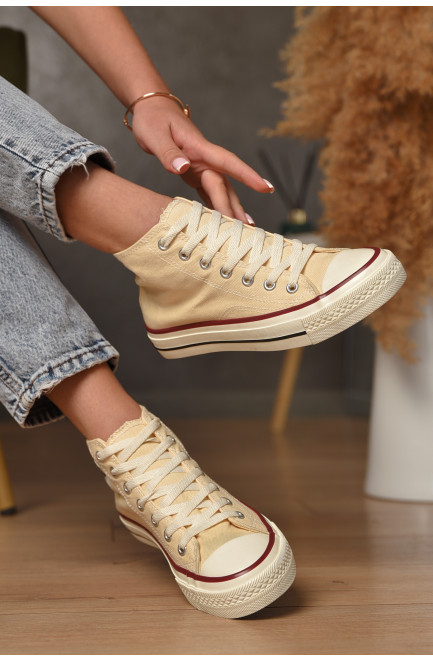 Кеды женские высокие молочного цвета на шнуровке текстиль 206217L