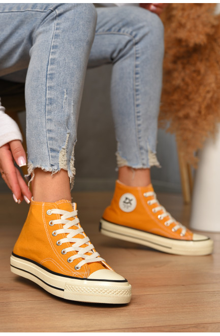 Кеды женские высокие оранжевого цвета на шнуровке текстиль 206218L