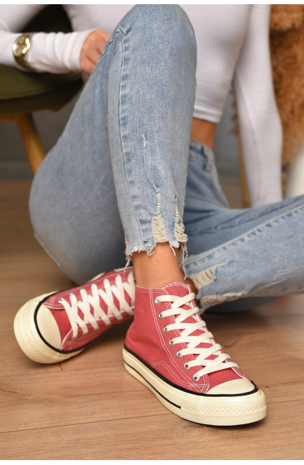 Кеды женские высокие темно-розового цвета на шнуровке текстиль 206219L