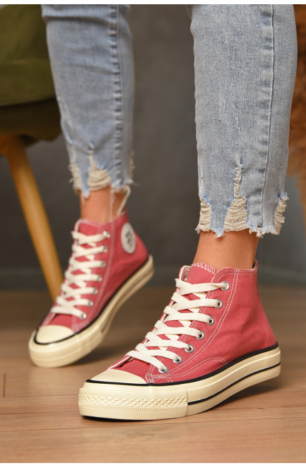 Кеды женские высокие темно-розового цвета на шнуровке текстиль 206219L