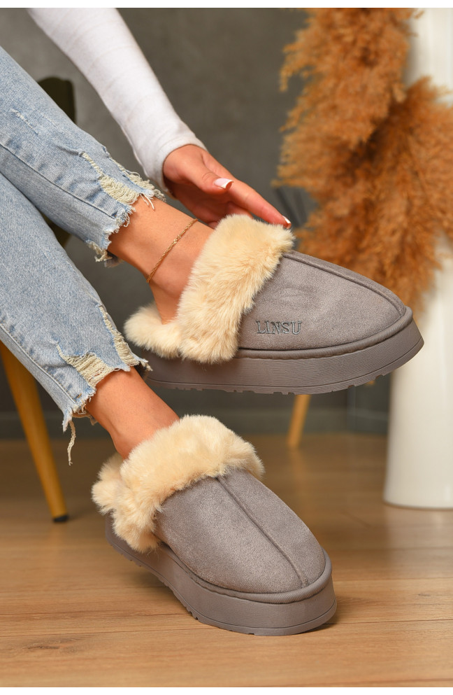 Домашние тапочки женские на меху серого цвета 206330L