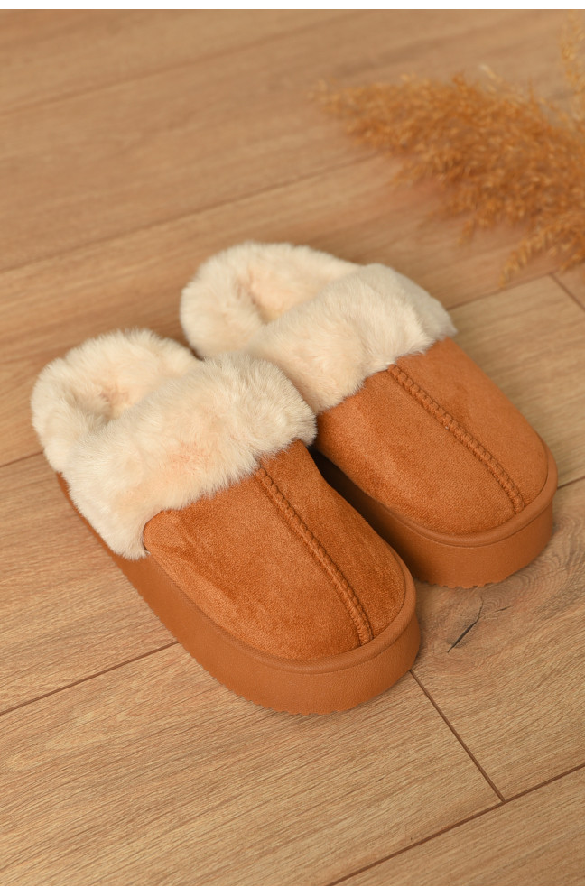 Домашние тапочки женские на меху коричневого цвета 206334L