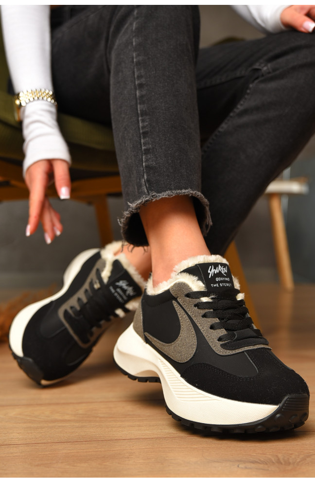 Кроссовки женские зимние черного цвета на шнуровке 207628L