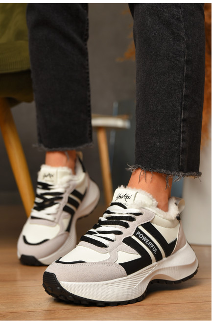 Кроссовки женские зимние черно-белого цвета на шнуровке 207630L