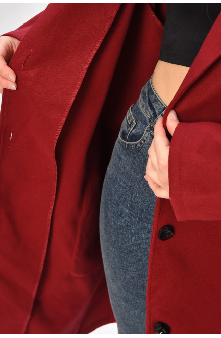 Пальто женское демисезонное батальное бордового цвета 207796L Пальто женское демисезонное батальное бордового цвета 207796L