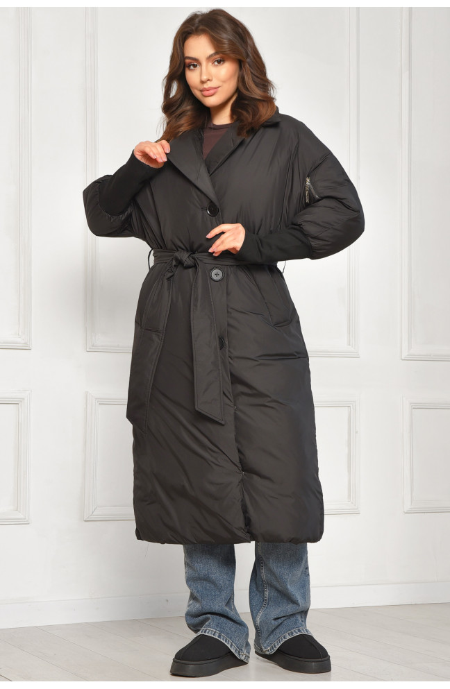 Куртка женская удлиненная зимняя черного цвета 207886L