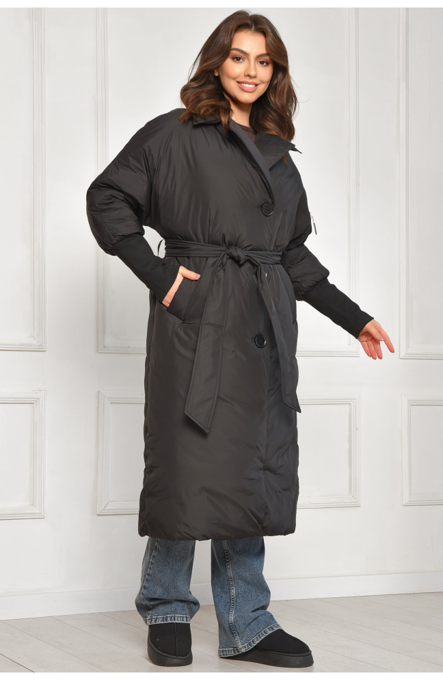 Куртка женская удлиненная зимняя черного цвета 207886L
