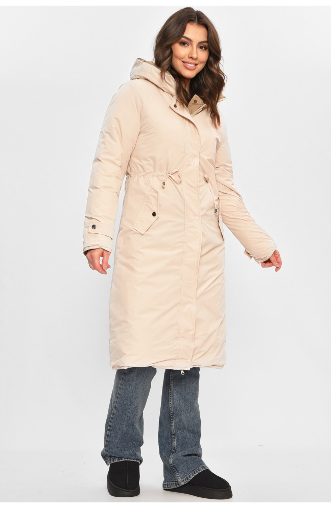 Куртка женская удлиненная зимняя бежевого цвета 208037L