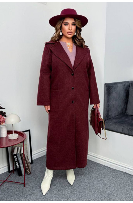 Пальто женское демисезонное полубатальное бордового цвета 208635L