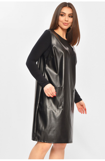 Сарафан женский однотонный экокожа черного цвета 208734L
