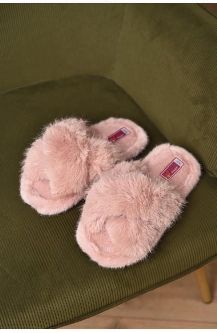 Тапочки домашние женские меховые пудрового цвета 209354L