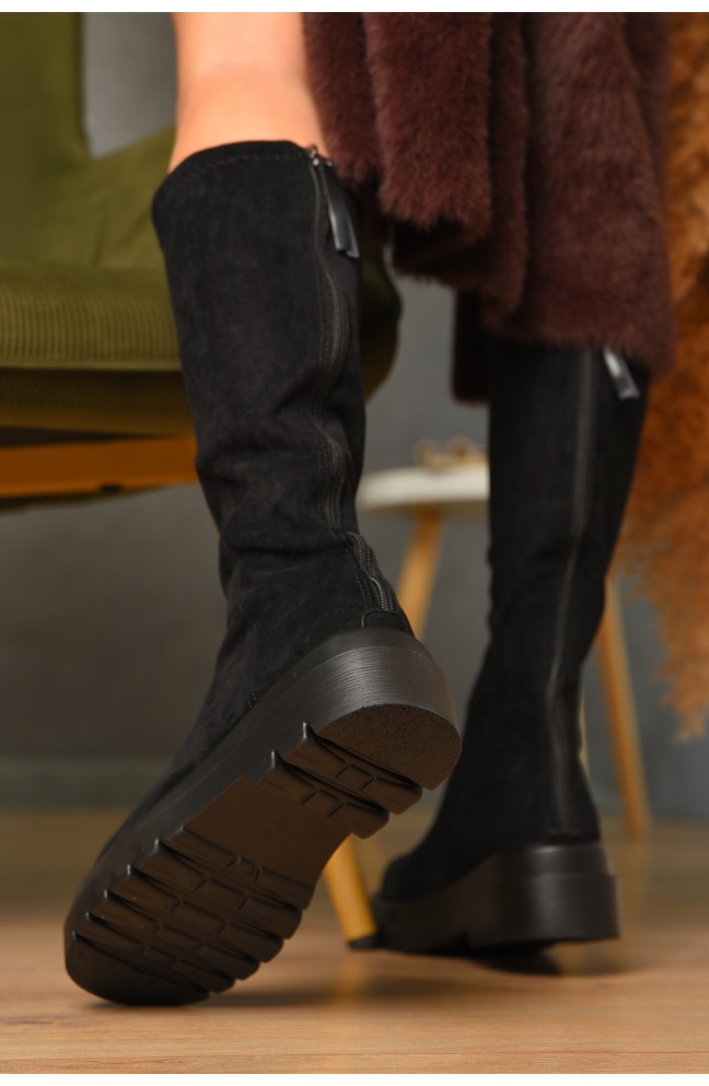 Сапоги женские демисезонные черного цвета на флисе 209430L