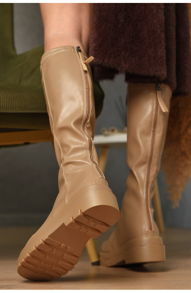 Сапоги женские демисезонные бежевого цвета на флисе 209432L