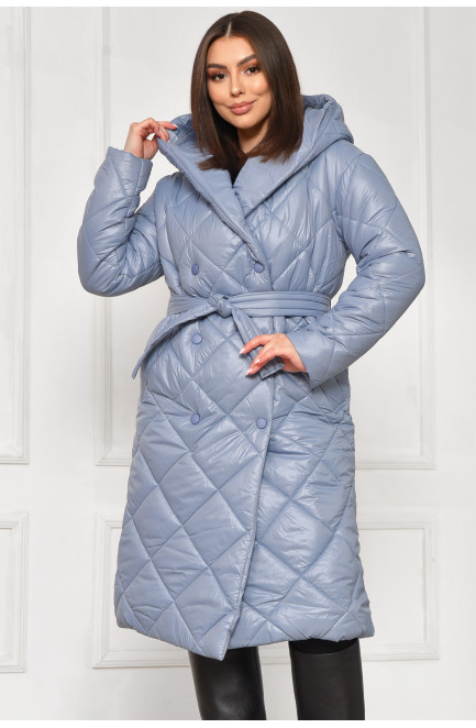 Куртка женская удлиненная демисезонная голубого цвета с капюшоном 209529L