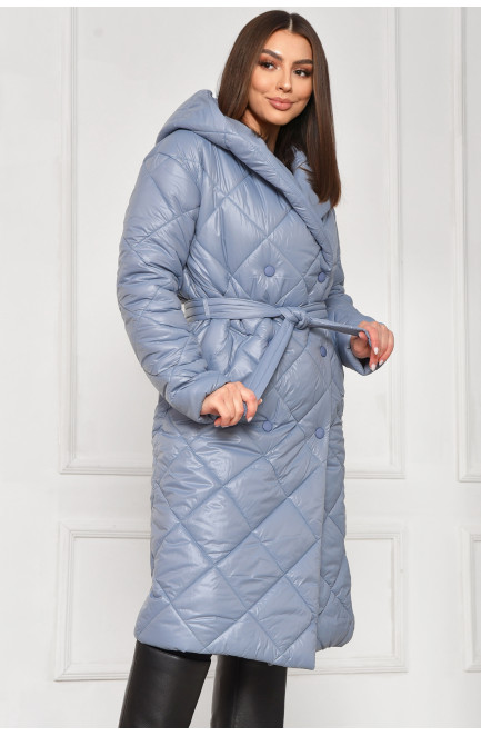 Куртка женская удлиненная демисезонная голубого цвета с капюшоном 209529L