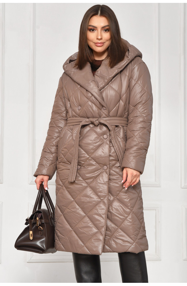 Куртка женская удлиненная демисезонная цвета мокко с капюшоном 209530L