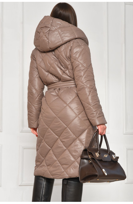 Куртка женская удлиненная демисезонная цвета мокко с капюшоном 209530L