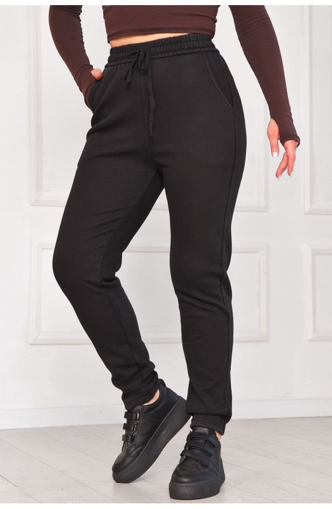 Штаны женские однотонные на флисе черного цвета 209573L