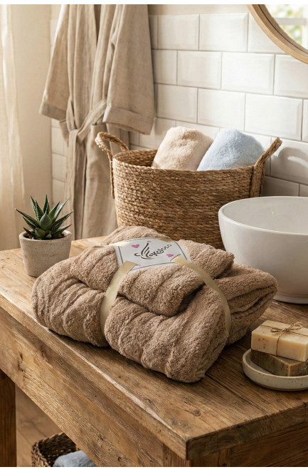 Набор однотонных полотенец из микрофибры банное+для лица бежевого цвета 210119L
