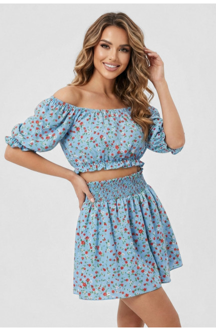 Костюм женский голубого цвета с цветочным принтом 210286L