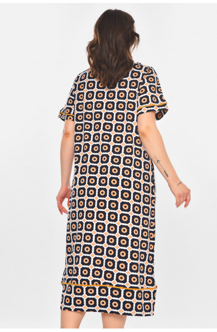 Халат женский полубатальный тёмно-синего цвета с принтом 211338L