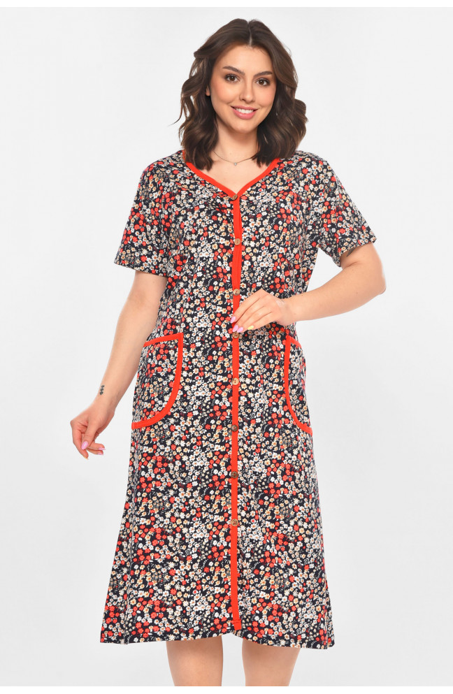 Халат женский полубатальный тёмно-синего цвета с принтом 211346L