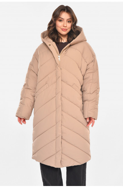 Куртка женская удлиненная зима бежевого цвета 212552L