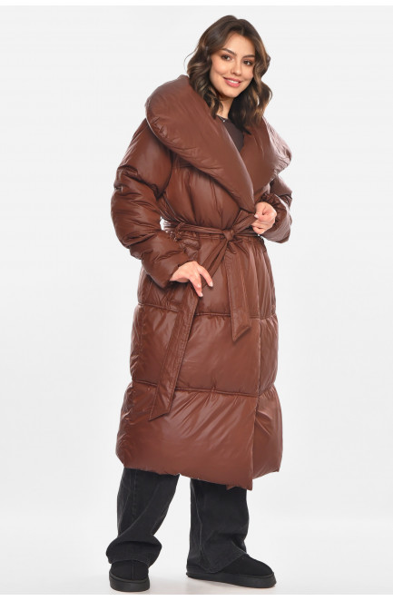 Куртка женская удлиненная еврозима тёмно-коричневого цвета 212562L