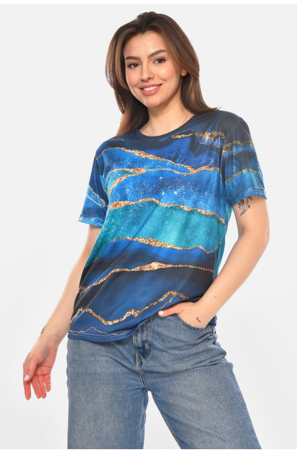 Футболка женская тёмно-синего цвета с принтом 213469L